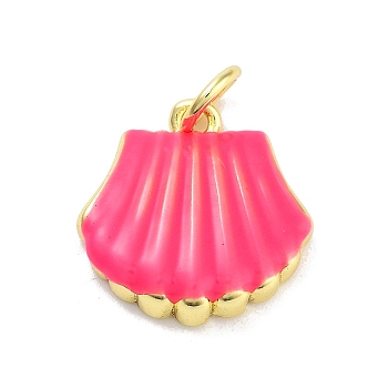 Real 18K Gold Plated Rack Plating Brass Enamel Charms, with Jump Ring, Long-Lasting Plated, Lead Free & Cadmium Free, Shell Shape Charm, Deep Pink, 14x14x3.5mm, Hole: 3mm