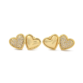 Brass Pave Clear Cubic Zirconia Stud Earrings, Heart, Real 18K Gold Plated, 10.5x21mm