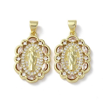 Rack Plating Brass Cubic Zirconia Pendants, Lead Free & Cadmium Free, Oval with Saint, Real 18K Gold Plated, 23x15x3mm, Hole: 5x3.5mm
