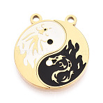 304 Stainless Steel Enamel Split Pendants, Dragon with Yin-yang Charms, Ion Plating(IP), White/Black, Real 18K Gold Plated, 24.5x22.5x1.5mm, Hole: 2mm(STAS-T074-02G)