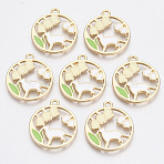 Alloy Pendants, with Enamel, Round Ring with Cat Shape and Flower, Golden, Colorful, 25x21.5x1.5mm, Hole: 2mm(X-ENAM-S120-008)