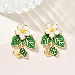 Brass Enamel Stud Earrings for Women, Flower with Leaf, Rack Plating, Long-Lasting Plated, Lead Free & Cadmium Free, Real 18K Gold Plated, White, 21.5x16.5mm(EJEW-A167-25G-01)