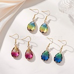 3 Pairs Faceted Teardrop Glass Dangle Earrings, with 304 Stainless Steel Earring Findings, Golden, Mixed Color, 40x13.5mm(EJEW-JE06872)