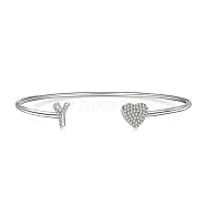 Heart & Letter Rhodium Plated 925 Sterling Silver Micro Pave Cubic Zirconia Cuff Bangles for Women, Letter Y, 0.2~0.8cm, Inner Diameter: 1-7/8x2-1/4 inch(4.85x5.65cm) (BJEW-C062-01Y-P)