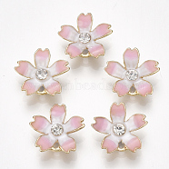 Alloy Charms, with Enamel and Rhinestone, Sakura, Crystal, Light Gold, Pink, 14x15x3mm, Hole: 1.2mm(PALLOY-S177-11D)