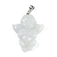 Natural Jadeite Carved Pendants, Angel Baby Charms with Rhodium Plated 925 Sterling Silver Snap on Bails, 30x22x6mm, Hole: 3.5x2.5mm(G-F768-01)