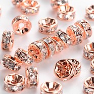 Brass Rhinestone Spacer Beads, Grade AAA, Straight Flange, Nickel Free, Rose Gold Metal Color, Rondelle, Crystal, 6x3mm, Hole: 1mm(RB-A014-Z6mm-01RG-NF)