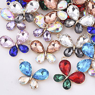Alloy Pendants, with Rhinestone, Butterfly, Light Gold, Mixed Color, 21x28.5x6mm, Hole: 2mm(PALLOY-R111-09)