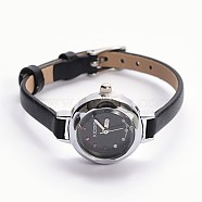 Alloy Cowhide Leather Japanese PC Movement Mechanical Wristwatches, Waterproof, with Stainless Steel Clasps, Black, Platinum, 200x6mm, Watch Head: 29x25x8.5mm, Watch Face: 17mm(X-WACH-F007-06A)