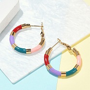 PVD Vacuum Plating 201 Stainless Steel Enamel Hoop Earrings for Women, with 304 Stainless Steel Pins, Real 18K Gold Plated, Colorful, 30x4mm, Pin: 1mm(EJEW-B016-33E)