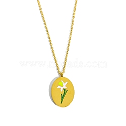 Birth Month Flower Style Titanium Steel Oval Pendant Necklace, Golden, March Daffodil, 15.75 inch(40cm)(PW-WG38206-03)
