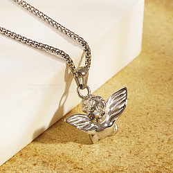 Non-Tarnish Classic Vintage Stainless Steel Baby Angel Pendant Box Chain Necklace for Women's Daily Wear, Stainless Steel Color, 17.72 inch(45cm)(YA0117-2)