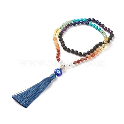 Gemstone Mala Beads Necklace, Lampwork Evil Eye with Tassel Big Pendant Necklace, Yoga Prayer Jewelry for Women, 28.98 inch(73.6cm)(NJEW-JN03814)