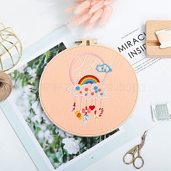 DIY Woven Net/Web with Feather Pattern Embroidery Kit, Including Imitation Bamboo Frame, Iron Pins, Cloth, Colorful Threads, Pink, 213x201x9.5mm, Inner Diameter: 183mm(DIY-O021-19A)
