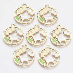 Alloy Pendants, with Enamel, Round Ring with Cat Shape and Flower, Golden, Colorful, 25x21.5x1.5mm, Hole: 2mm(X-ENAM-S120-008)