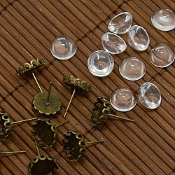 9.5~10x5~6mm Dome Transparent Glass Cabochons and Antique Bronze Brass Ear Stud Findings for DIY Picture Stud Earrings, Ear Stud: 11mm, Pin: 0.7mm, Tray: 10mm(DIY-X0178-AB)