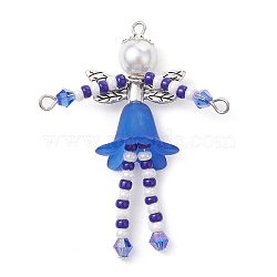 Glass Seed & Acrylic Pearl Beaded Big Pendants, with Alloy Fairy Wing & 304 Stainless Steel Findings, Angel Charms, Blue, 52x40x18mm, Hole: 1.6mm(PALLOY-MZ00194-05)