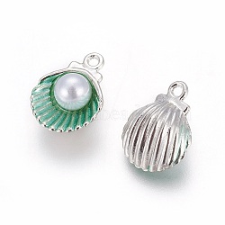 Alloy Enamel Pendants, with Acrylic Pearl Beads, Shell, Platinum, Green, 15x11.5x7mm, Hole: 1.4mm(PALLOY-F224-03P-02)
