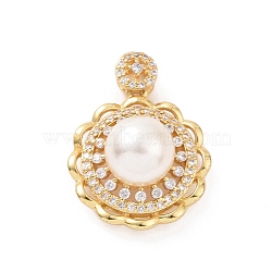 Eco-friendly Rack Plating Brass Micro Pave Cubic Zirconia Pendants, with ABS Platic Imitation Pearls, Cadmium Free & Lead Free, Long-Lasting Plated, Flower Charm, Real 18K Gold Plated, 26x19.5x12.5mm, Hole: 2x3.5mm(KK-F843-16G)