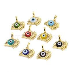 Brass Micro Pave Cubic Zirconia Pendants, with Handmade Evil Eye Lampwork, Eye Charm, Real 18K Gold Plated, Mixed Color, 17x20x4.5mm, Hole: 4x6mm(ZIRC-F136-09G)