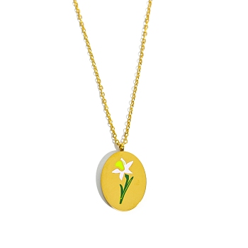Birth Month Flower Style Titanium Steel Oval Pendant Necklace, Golden, March Daffodil, 15.75 inch(40cm)