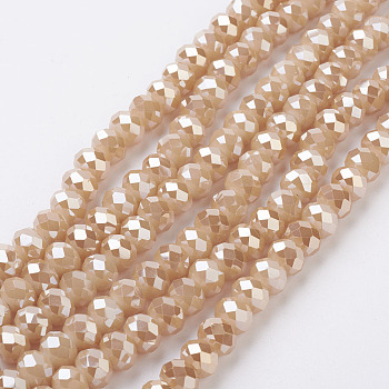 Electroplate Glass Beads Strands, Imitation Jade, Faceted Rondelle, Bisque, 8x5mm, Hole: 1mm, about 72pcs/strand, 16.5 inch