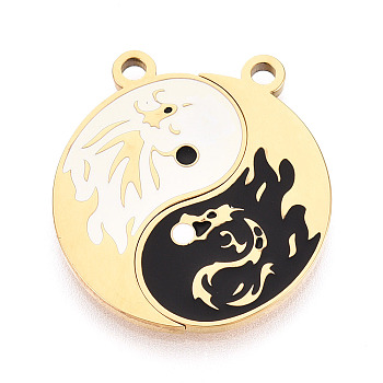 304 Stainless Steel Enamel Split Pendants, Dragon with Yin-yang Charms, Ion Plating(IP), White/Black, Real 18K Gold Plated, 24.5x22.5x1.5mm, Hole: 2mm