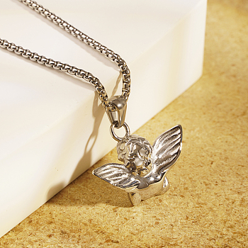 Non-Tarnish Classic Vintage Stainless Steel Baby Angel Pendant Box Chain Necklace for Women's Daily Wear, Stainless Steel Color, 17.72 inch(45cm)