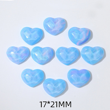 Opaque Resin Cabochons, with Glitter Powder, Heart with Water Ripple, Light Sky Blue, 17x21mm