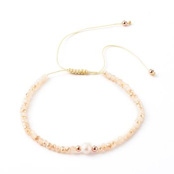 Adjustable Nylon Thread Braided Bead Bracelets, with Electroplate Glass Beads, PeachPuff, Inner Diameter: 2-3/8 inch(6.1~11cm)