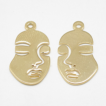Brass Pendants, Face, Real 18K Gold Plated, 20x11x1mm, Hole: 1mm