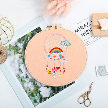 DIY Woven Net/Web with Feather Pattern Embroidery Kit, Including Imitation Bamboo Frame, Iron Pins, Cloth, Colorful Threads, Pink, 213x201x9.5mm, Inner Diameter: 183mm