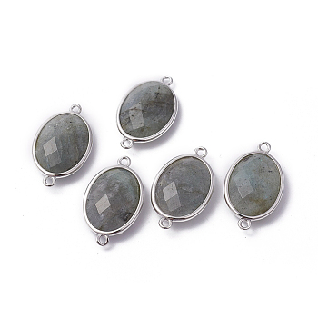Platinum Tone Brass Natural Labradorite Links connectors, Faceted, Oval, 26.5x15x6mm, Hole: 1~2mm