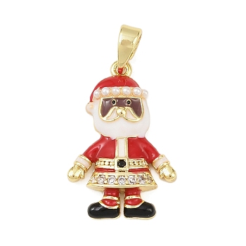 Christmas Brass Micro Pave Cubic Zirconia Pendants, Santa Claus, with Plastic Pearl, Golden, 21.5x14x3.8mm, Hole: 3x5mm