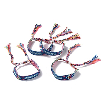 Polyester-cotton Braided Rhombus Pattern Cord Bracelet, Ethnic Tribal Adjustable Brazilian Bracelet for Women, Blue, 5-7/8~11 inch(15~28cm)