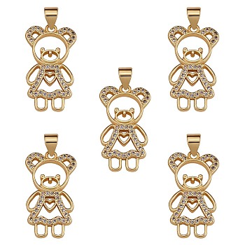 5Pcs Brass Micro Pave Clear Cubic Zirconia Pendants, Nickel Free, Bear, Real 18K Gold Plated, 23.5x13x2mm, Hole: 3x5mm