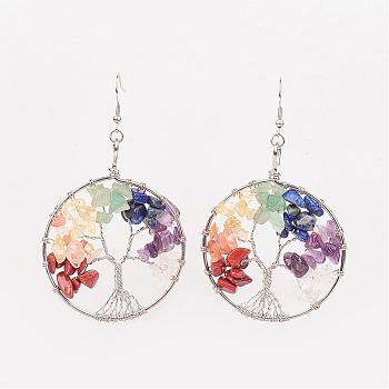 Brass Gemstone Dangle Earrings, 304 Stainless Steel Earring Hooks, Flat Round with Tree of Life, 85mm, Pin: 0.6mm