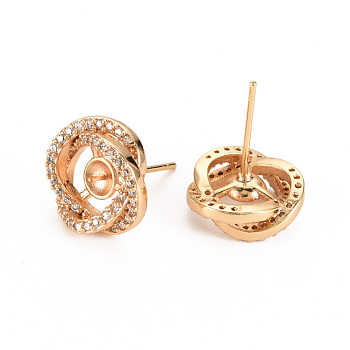 Brass Micro Pave Clear Cubic Zirconia Stud Earring Findings, for Half Drilled Beads, Nickel Free, Real 18K Gold Plated, 12.5x12.5mm, Pin: 0.7mm, pin: 0.6mm(for half drilled beads)