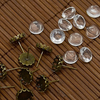 9.5~10x5~6mm Dome Transparent Glass Cabochons and Antique Bronze Brass Ear Stud Findings for DIY Picture Stud Earrings, Ear Stud: 11mm, Pin: 0.7mm, Tray: 10mm