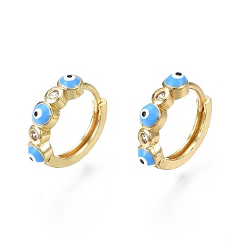 Clear Cubic Zirconia Evil Eye Huggie Hoop Earrings with Enamel, Brass Jewelry for Girl Women, Real 18K Gold Plated, Nickel Free, Deep Sky Blue, 15x17x4mm, Pin: 1mm