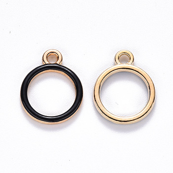Alloy Enamel Pendants, Round Ring, Light Gold, Black, 16x13x2mm, Hole: 1.8mm