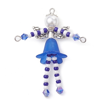 Glass Seed & Acrylic Pearl Beaded Big Pendants, with Alloy Fairy Wing & 304 Stainless Steel Findings, Angel Charms, Blue, 52x40x18mm, Hole: 1.6mm