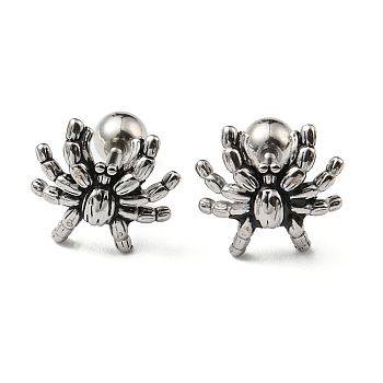 304 Stainless Steel Stud Earrings, Spider, Antique Silver, 10x10mm