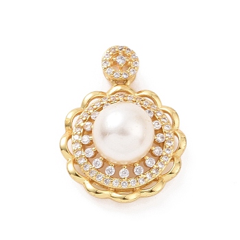 Eco-friendly Rack Plating Brass Micro Pave Cubic Zirconia Pendants, with ABS Platic Imitation Pearls, Cadmium Free & Lead Free, Long-Lasting Plated, Flower Charm, Real 18K Gold Plated, 26x19.5x12.5mm, Hole: 2x3.5mm