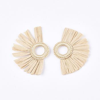 Raffia Tassel Pendant, with Polyester Link Ring, Fan, Wheat, 47~55x68~78x5~6mm, Hole: 14mm