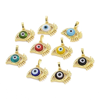 Brass Micro Pave Cubic Zirconia Pendants, with Handmade Evil Eye Lampwork, Eye Charm, Real 18K Gold Plated, Mixed Color, 17x20x4.5mm, Hole: 4x6mm