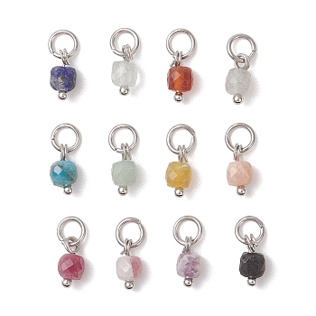 Natural Mixed Gemstone Faceted Cube Charms, Stainless Steel Color, Mixed Dyed and Undyed, 8.5~9x4.5x4.5mm, Jump Ring: 5x1mm, Inner Diameter: 3mm