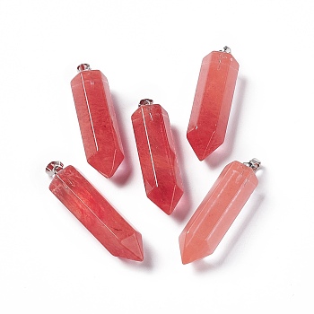 Cherry Quartz Glass Double Terminated Pointed Pendants, with Platinum Tone Brass Findings, Bullet, 39x10x10mm, Hole: 3x6mm