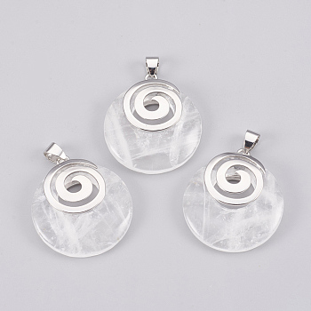 Natural Quartz Crystal Pendants, with Platinum Tone Brass Findings, Flat Round, 32x28x6mm, Hole: 4x5mm