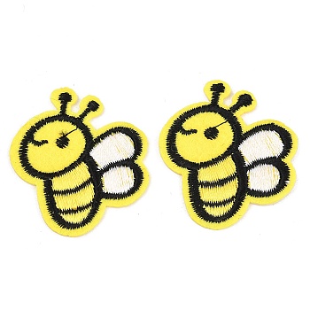 Polyester Computerized Embroidery Cloth Iron on Sew on Patches, Bees, Appliques Patches, Yellow, 38x34x1mm